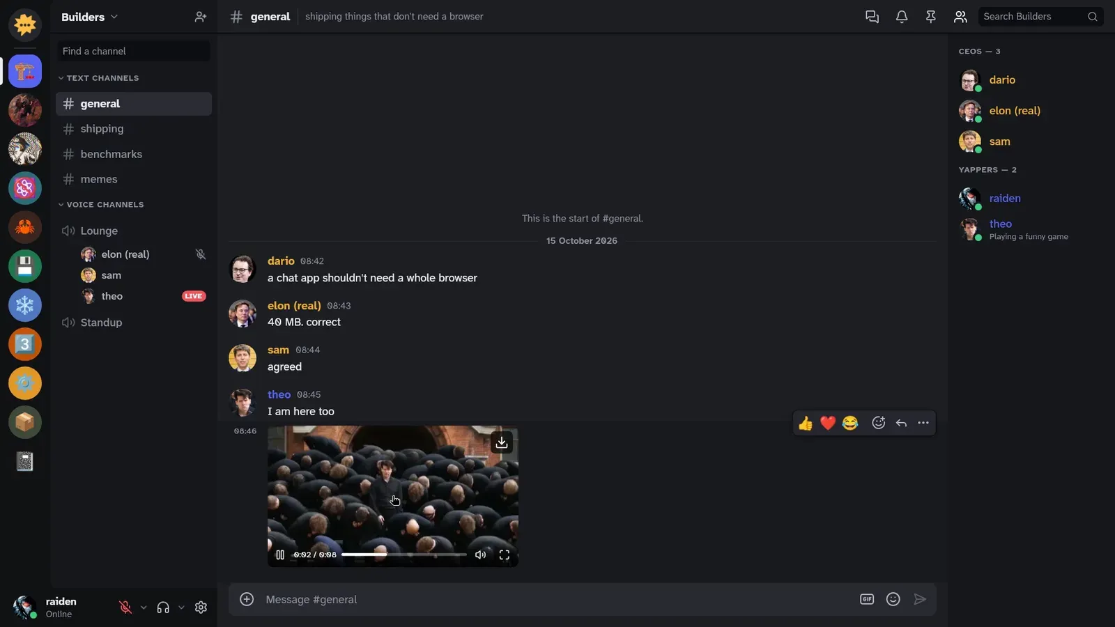 Yapfast open on a server's #general channel: channels and a voice channel on the left, messages and a video in the middle, members on the right.