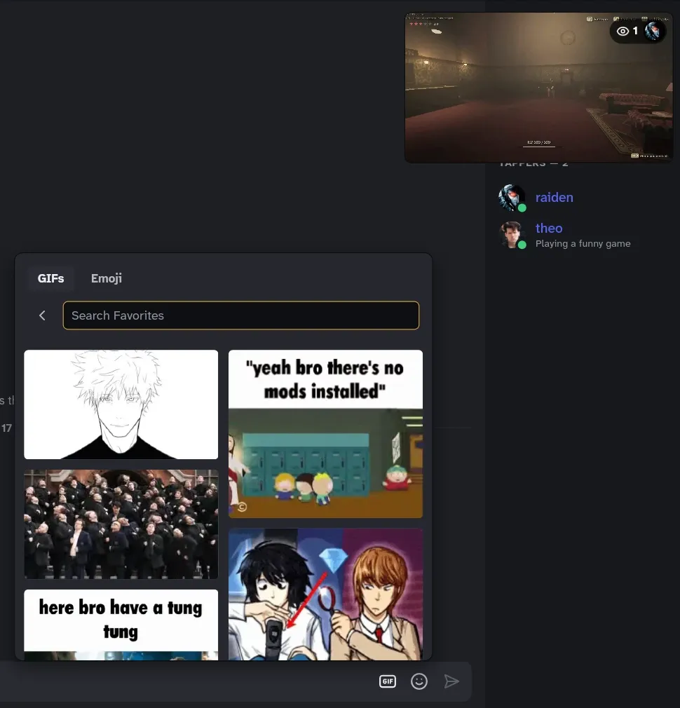 Yapfast's GIF picker open on its favorites over #general, a game stream playing in the top corner.