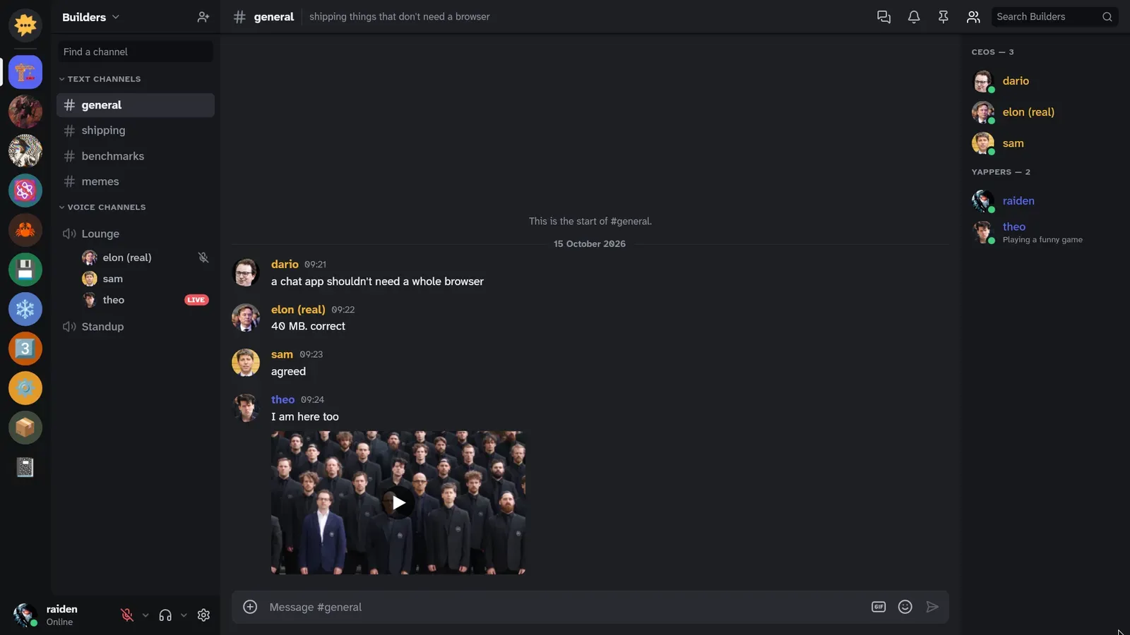 Yapfast in the Yap theme, showing the Builders server's #general channel.