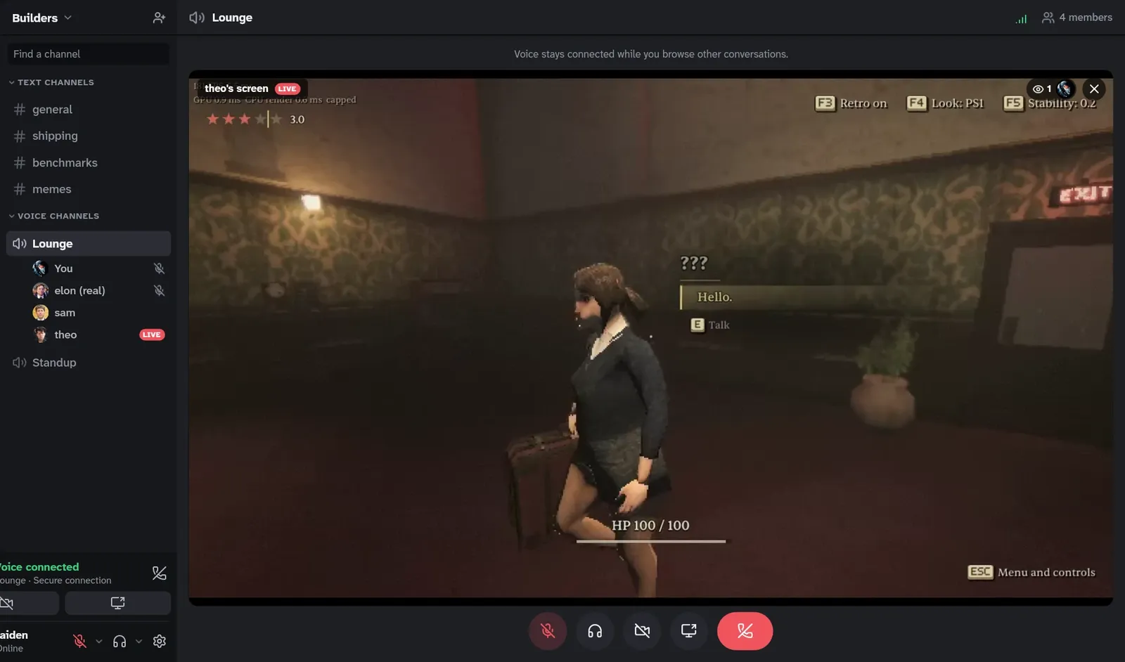 Yapfast in a voice channel with three others, watching one of them stream a game.