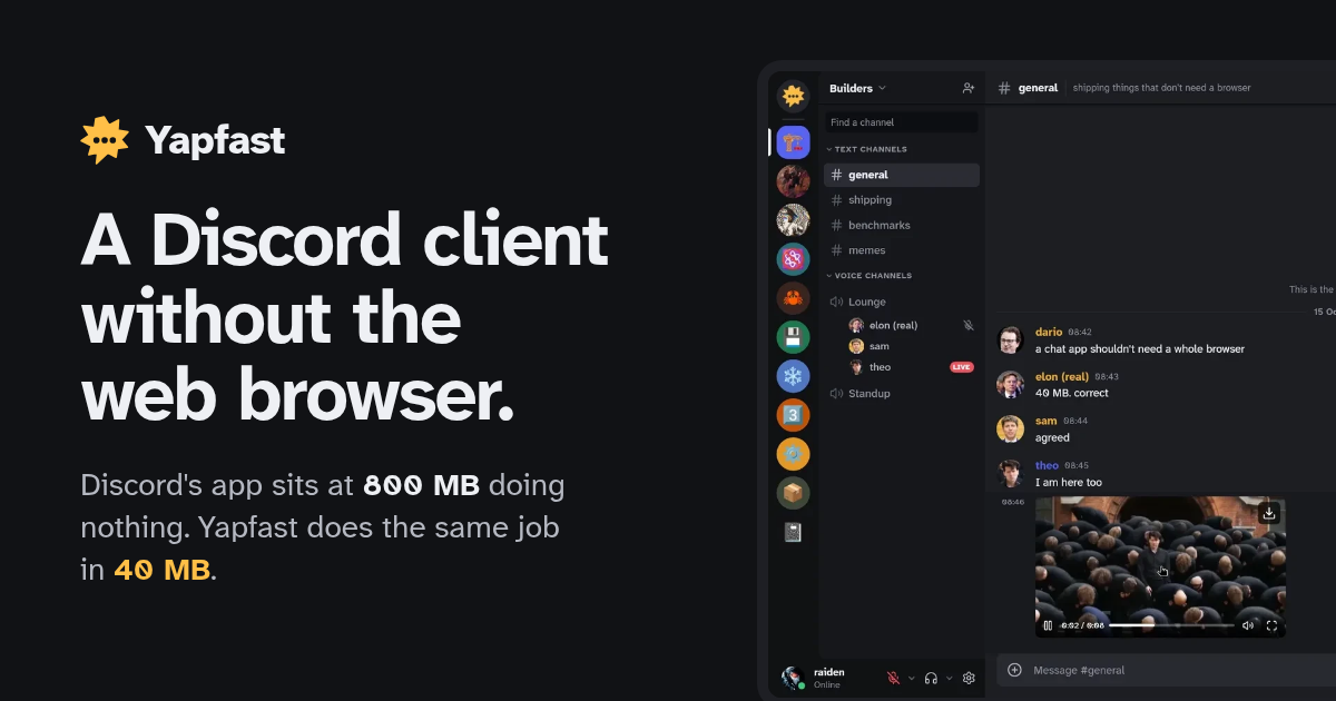 I got annoyed at Discord using 800 MB of RAM, so I spent my evenings making a client that uses 40